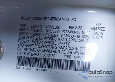 2018 Acura Rdx Acurawatch Plus Package from USA, damaged, VIN 5J8TB4H31JL013659